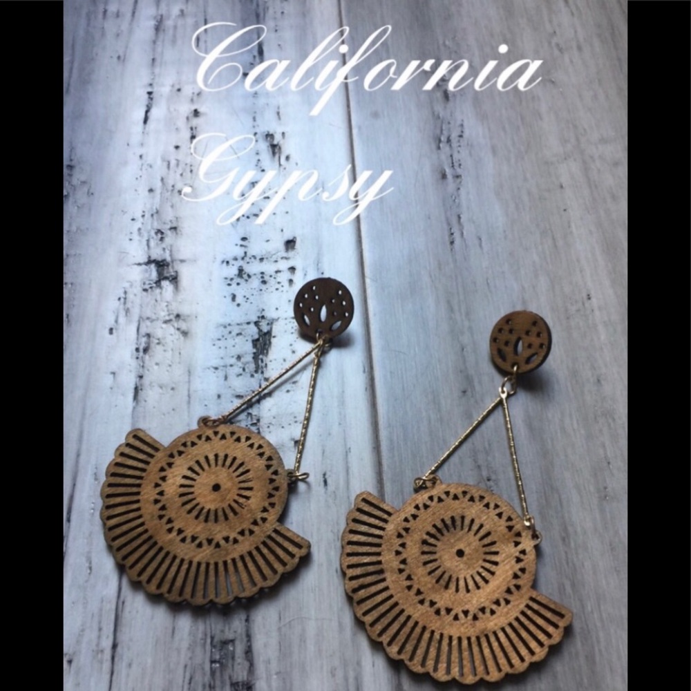 Hippie ethic boho festival wood statement earrings - Picture 1 of 4